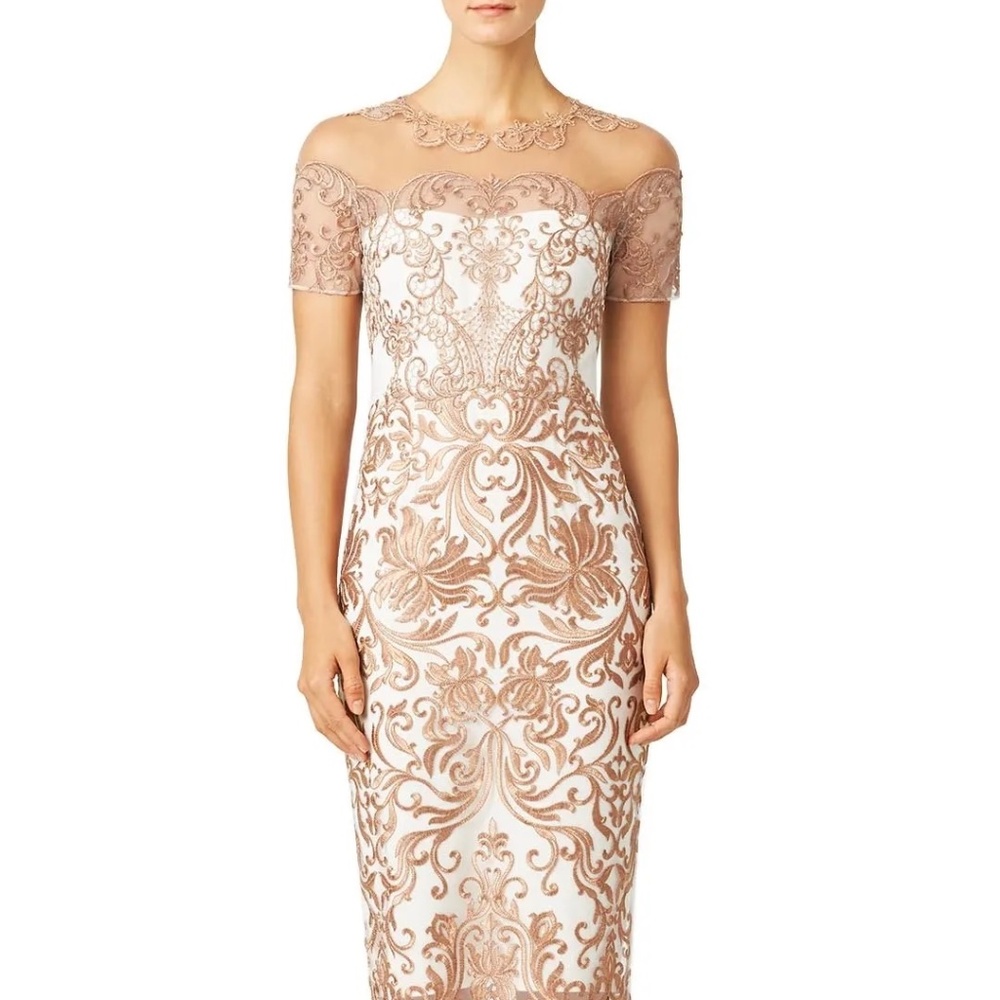 Marchesa Notte Rent the Runway Metallic Jaipur Sheath White Gold sz 6 $320 tear